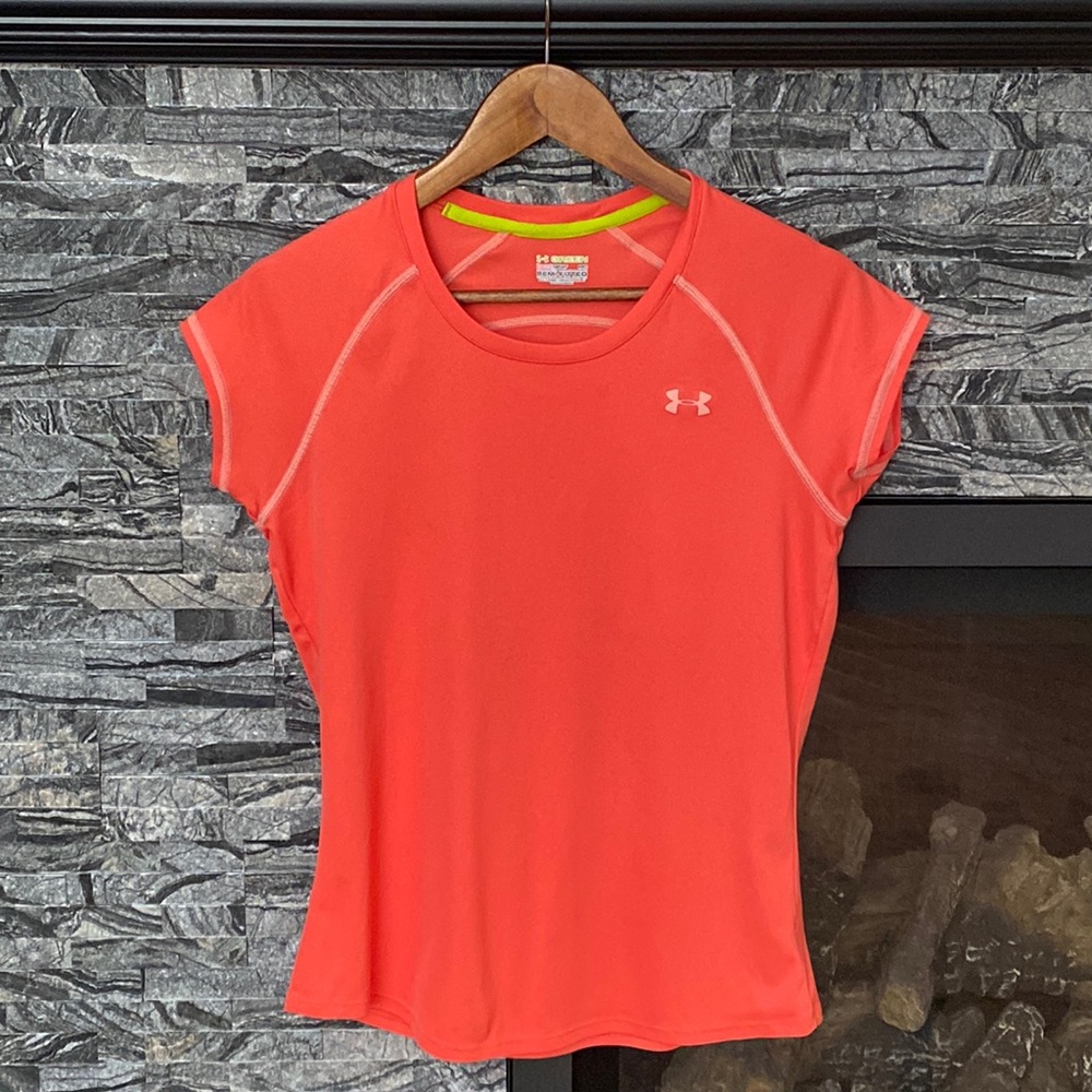 Under Armour Green Short Sleeve Tee Shirt Semi Fitted Heat Gear, Orange